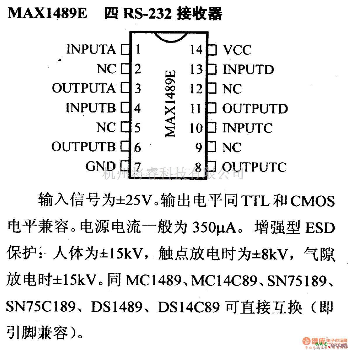 数字电路中的驱动器和通信电路引脚及主要特性MAX1489E 四RS-232接收器  第1张