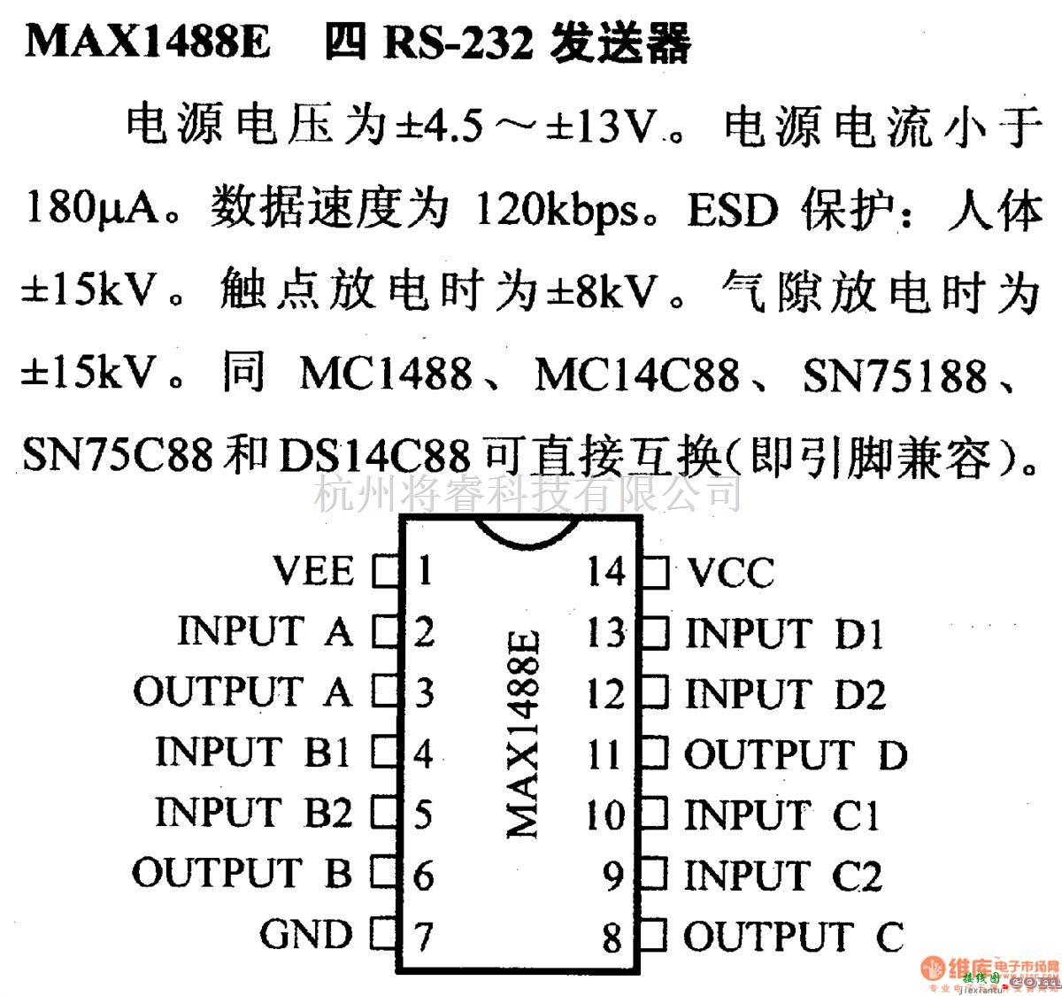 数字电路中的驱动器和通信电路引脚及主要特性MAX1488E 四RS-232发送器  第1张