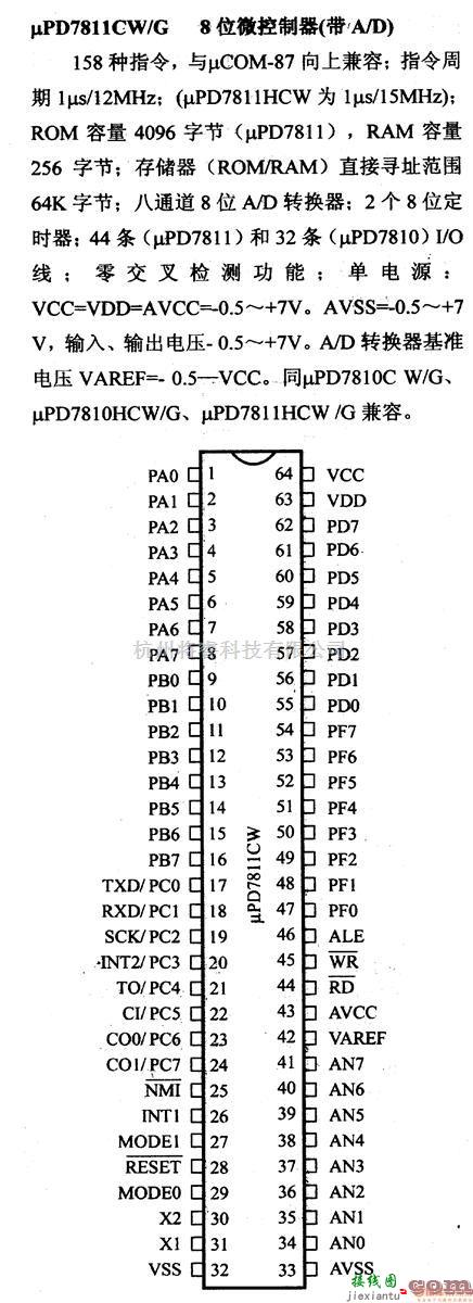 数字电路中的芯片引脚及主要特性μPD7811CW/G 8位微控制器(A/D)  第1张