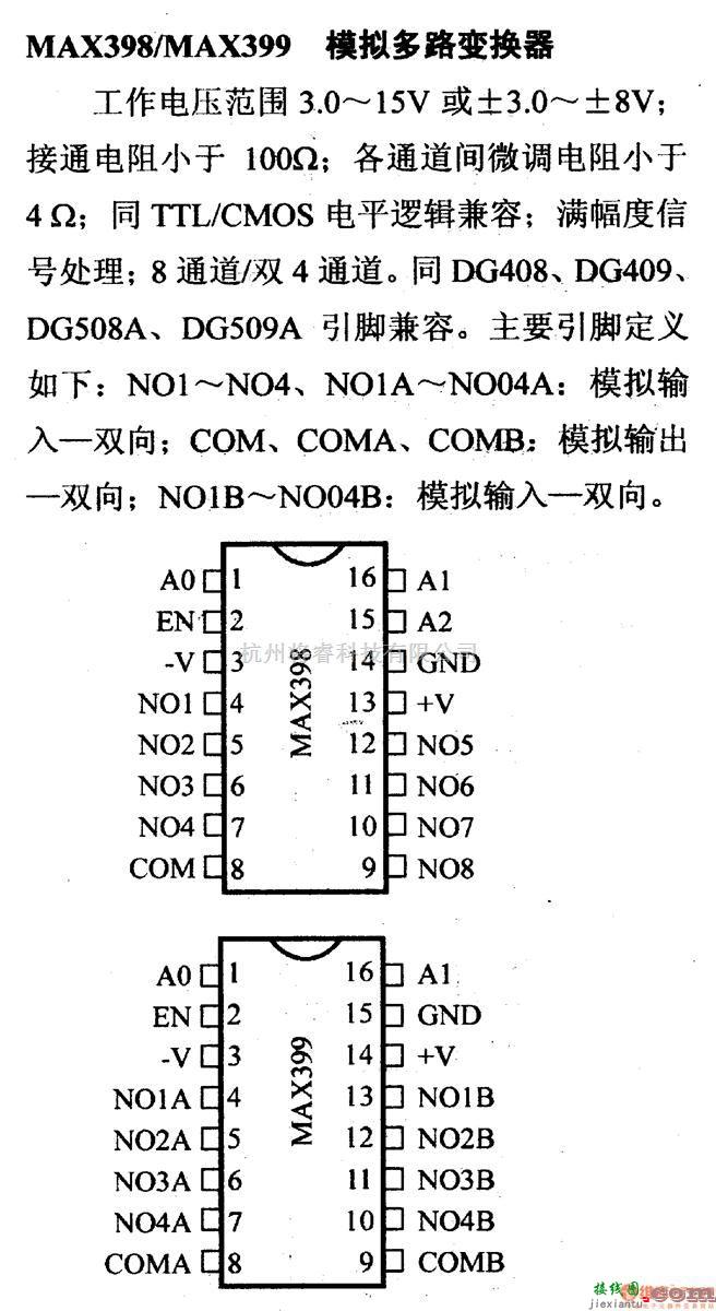 数字电路中的电路引脚及主要特性MAX398/MAX399 模拟多路变换器  第1张