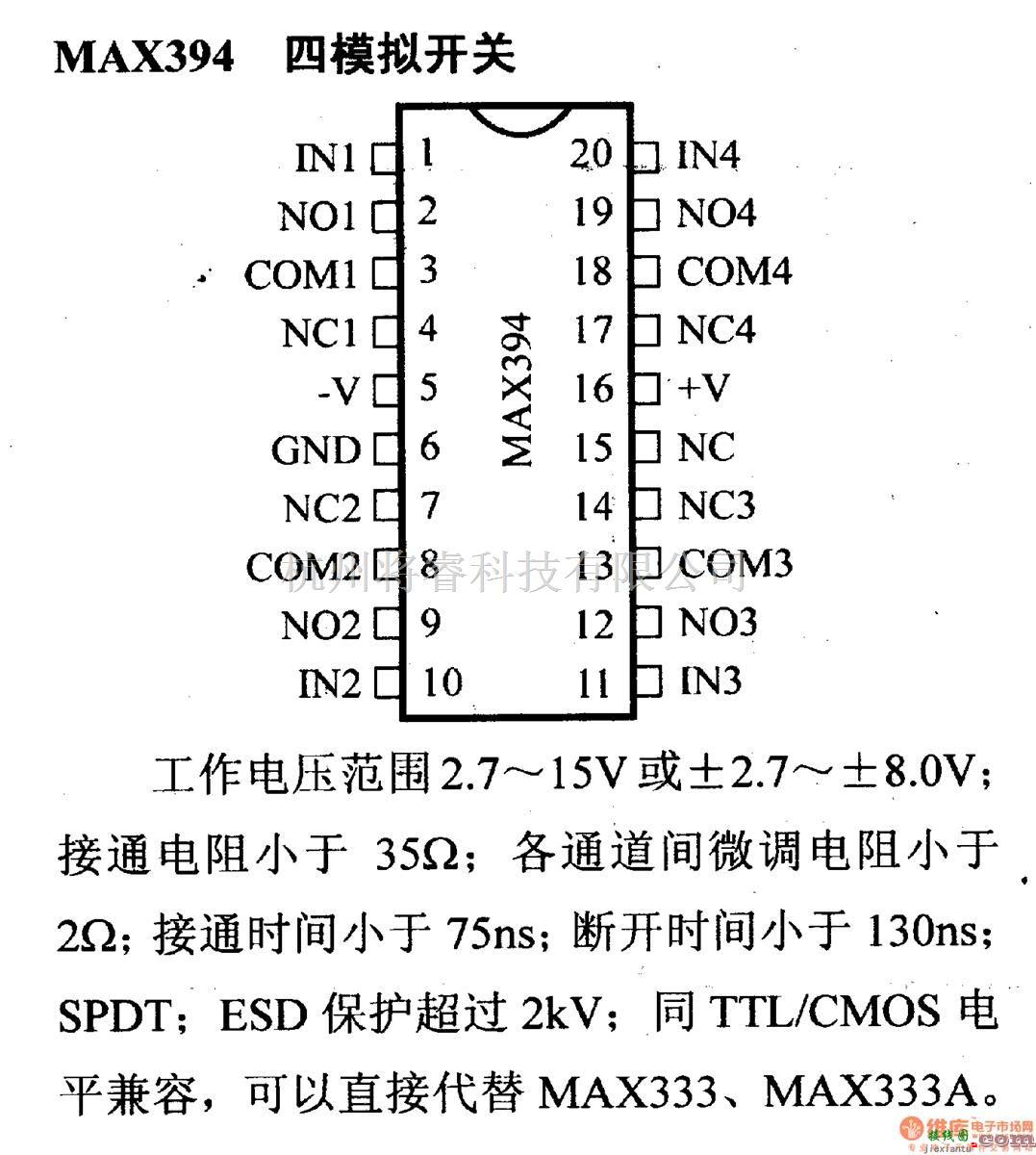 数字电路中的电路引脚及主要特性MAX394 四模拟开关  第1张