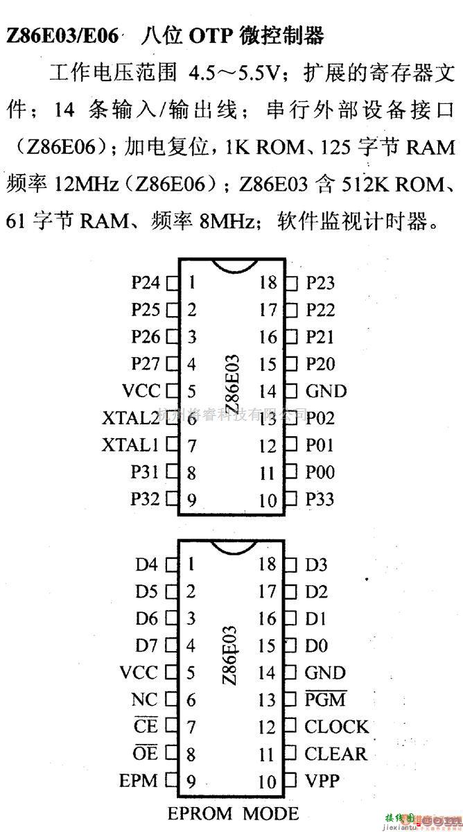 数字电路中的芯片引脚及主要特性Z86E03/E06 8位微控制器  第1张