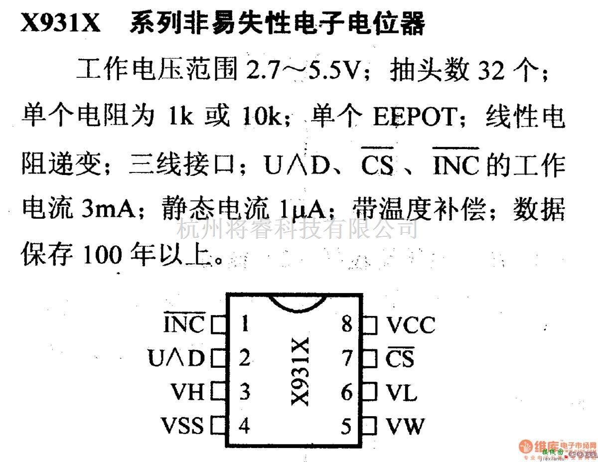 数字电路中的电路引脚及主要特性X931X 系列非易失性电子电位器  第1张