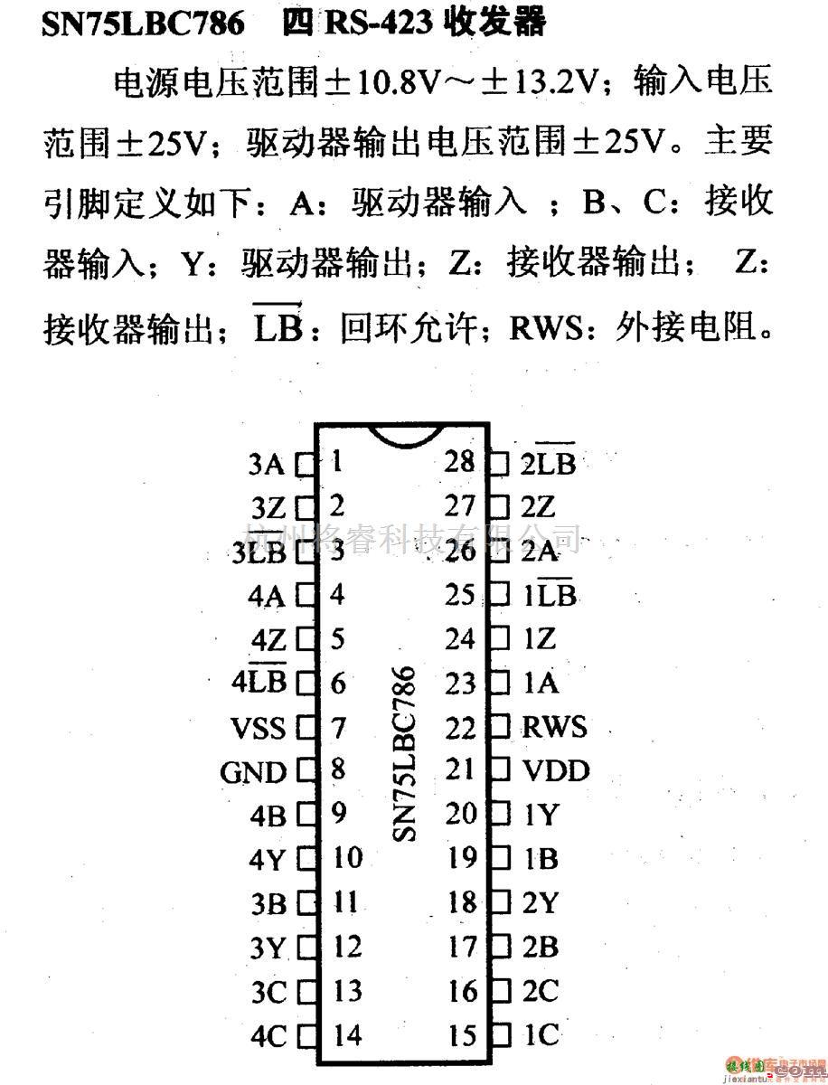 数字电路中的驱动器和通信电路引脚及主要特性SN75LBC786 四RS-423收发器  第1张