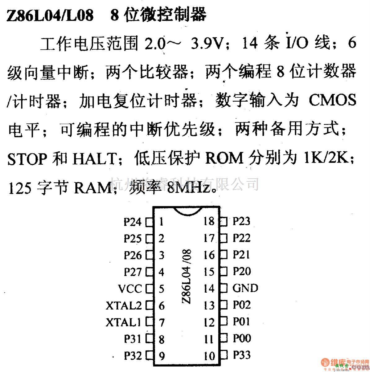 数字电路中的芯片引脚及主要特性Z86L04/L08 8位微控制器  第1张