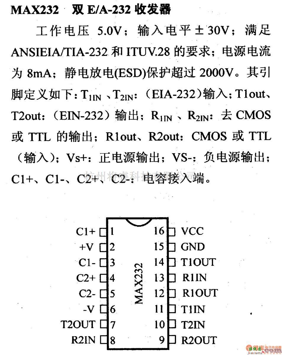 数字电路中的驱动器和通信电路引脚及主要特性MAX232 双E/A-232收发器  第1张