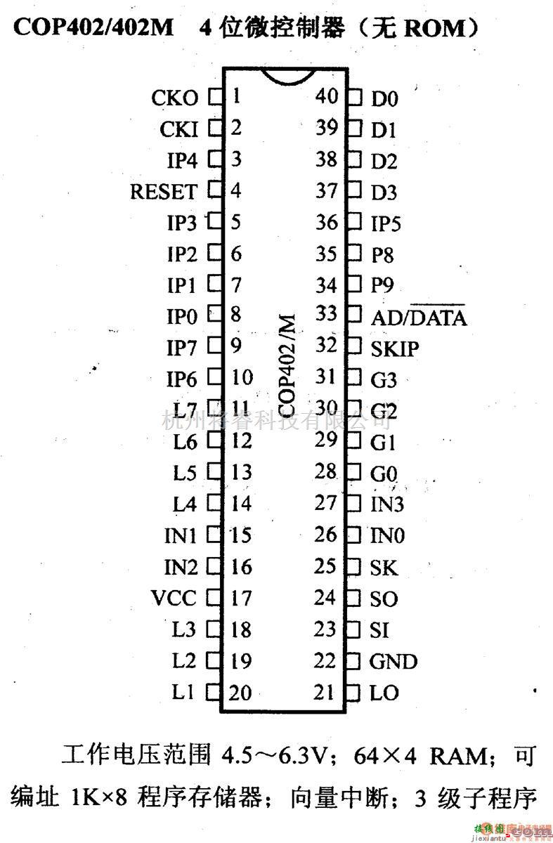 数字电路中的芯片引脚及主要特性COP402/402M,4位微控制器(无ROM)  第1张