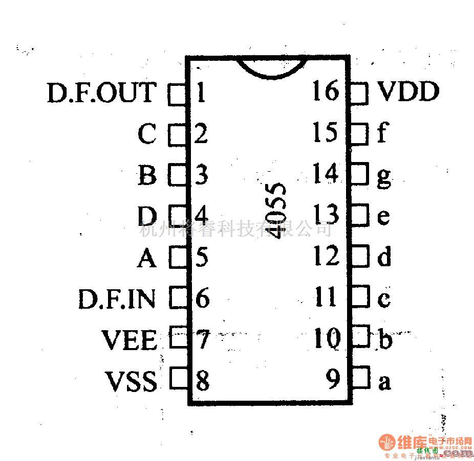 数字电路中的4000系列数字电路,4055,BCD-七段译器/液晶显示驱动器(有显示频率输出)  第1张