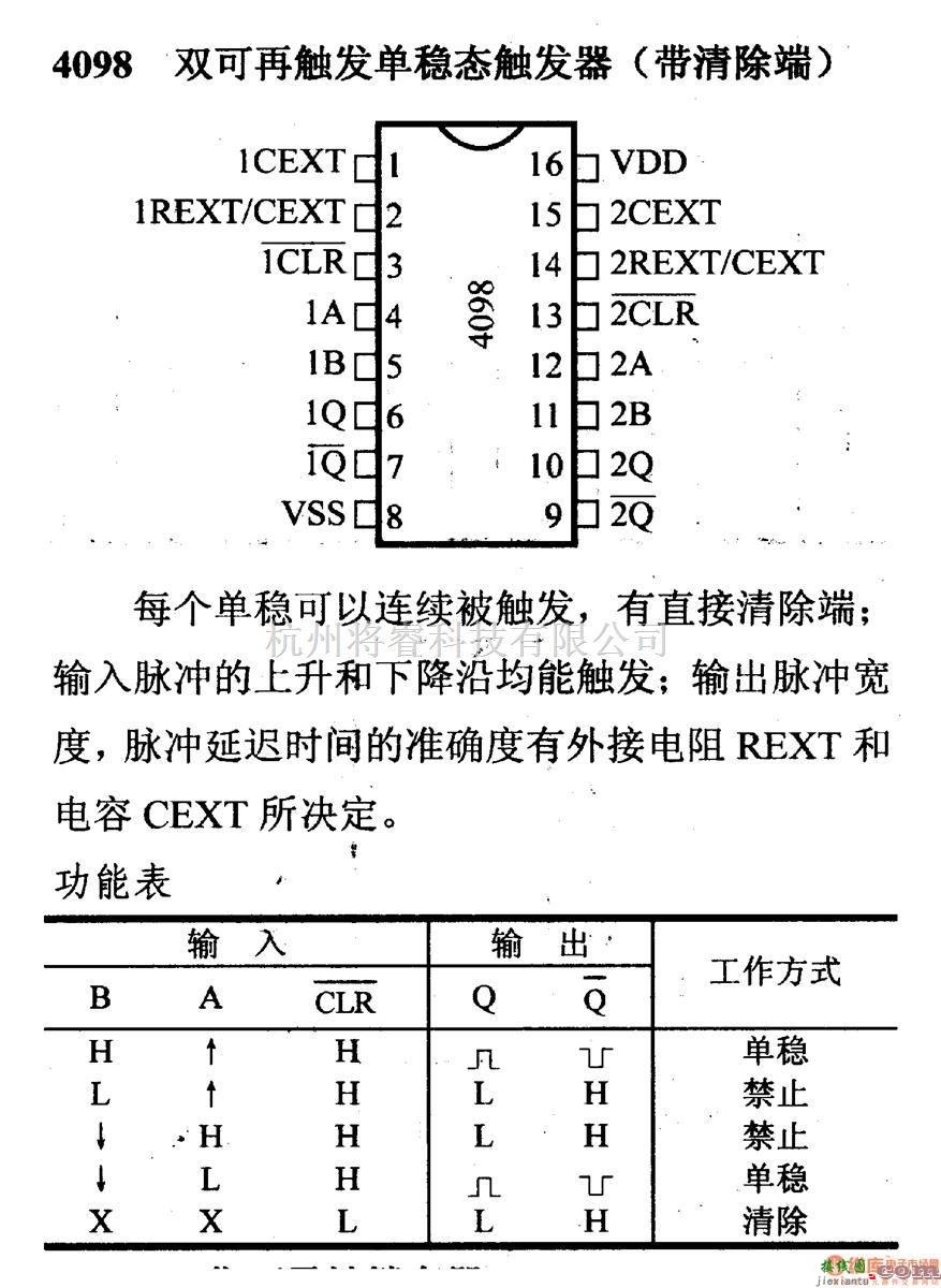 数字电路中的4000系列数字电路,4098双可再触发单稳态触发器(带清除端)  第1张