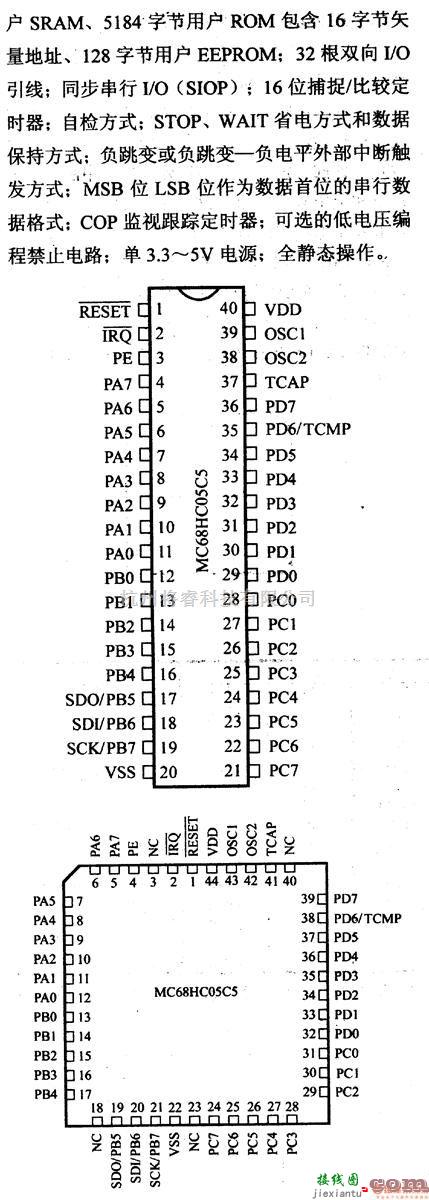 数字电路中的芯片引脚及主要特性MC68HC05C5,8位微控制器  第1张