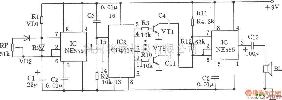 振荡电路中的由NE555、CD4017构成的音频振荡器  第1张