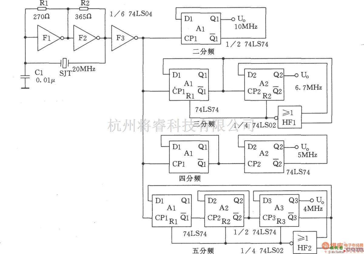 多种频率信号中的晶体振荡器与分频器(74LS04)  第1张