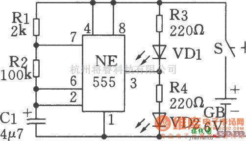 低频信号产生中的利用555时基电路制成的低频振荡(闪烁发光电路)电路二  第1张
