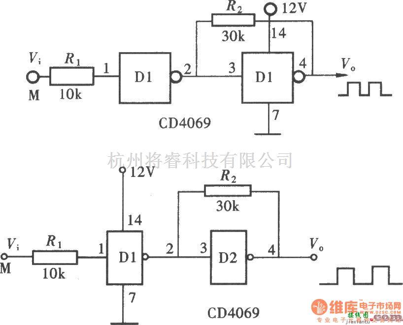 脉冲信号产生器中的用门电路组成的脉冲整形电路(CD4069)  第1张