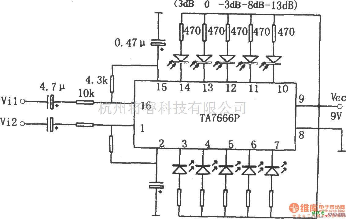 光电显示电路中的TA7666P双路五位LED电平显示驱动电路  第1张