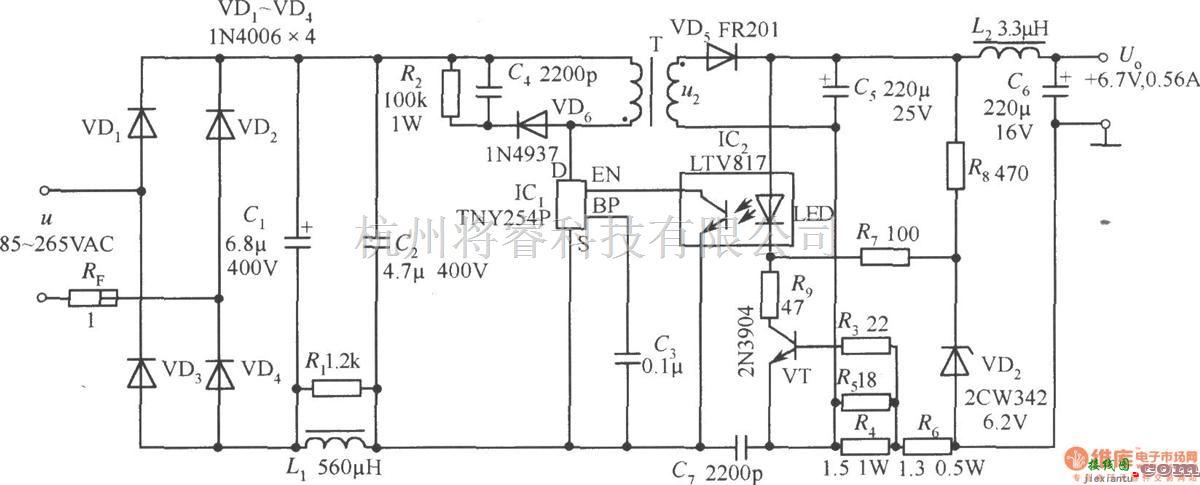 充电电路中的TNY254P构成的+6.7V、0.56A手机电池恒流充电器电路  第1张