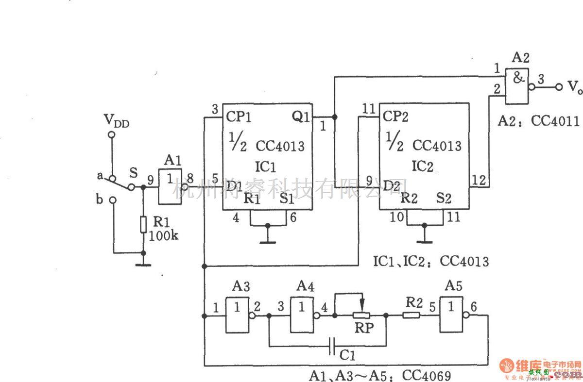 脉冲信号产生器中的由CC4013和CC4069等构成的单脉冲发生器  第1张