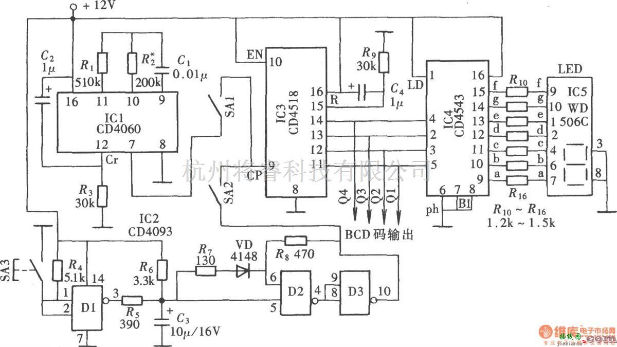 信号发生中的数字显示式时钟信号源(CD4543、CD4060、CD4518)  第1张