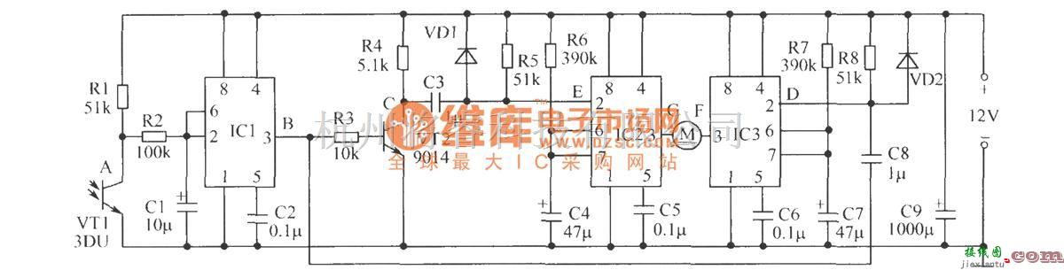 光敏二极管、三极管电路中的自动拉合窗帘控制电路  第1张