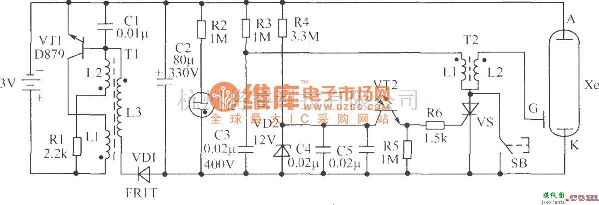 光敏二极管、三极管电路中的利用电池供电的同步闪光灯电原理图  第1张