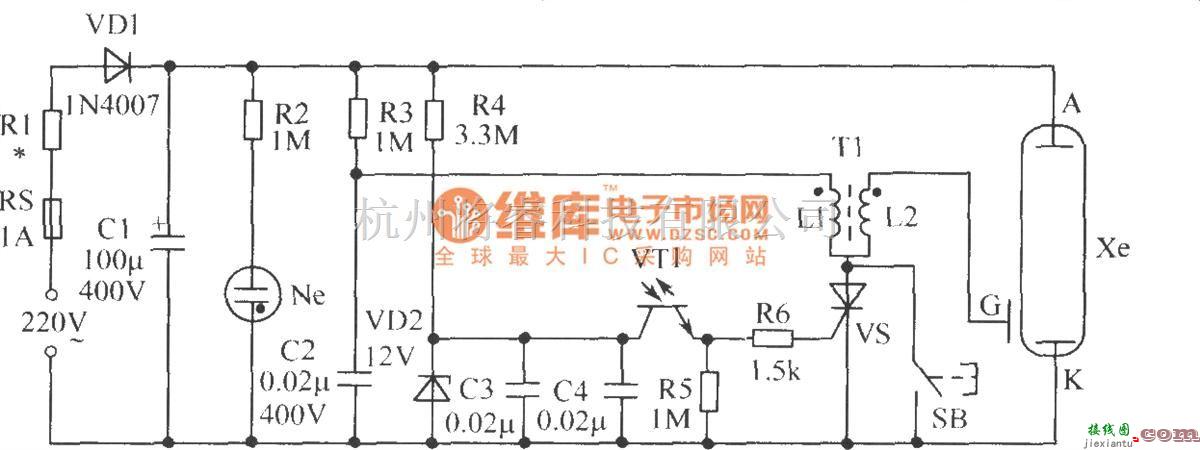 光敏二极管、三极管电路中的利用电池供电的同步闪光灯电原理图  第2张