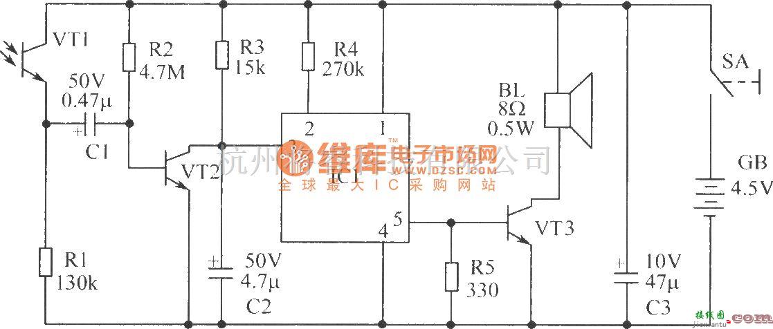 光敏二极管、三极管电路中的防盗报警“犬”电路原理图  第1张