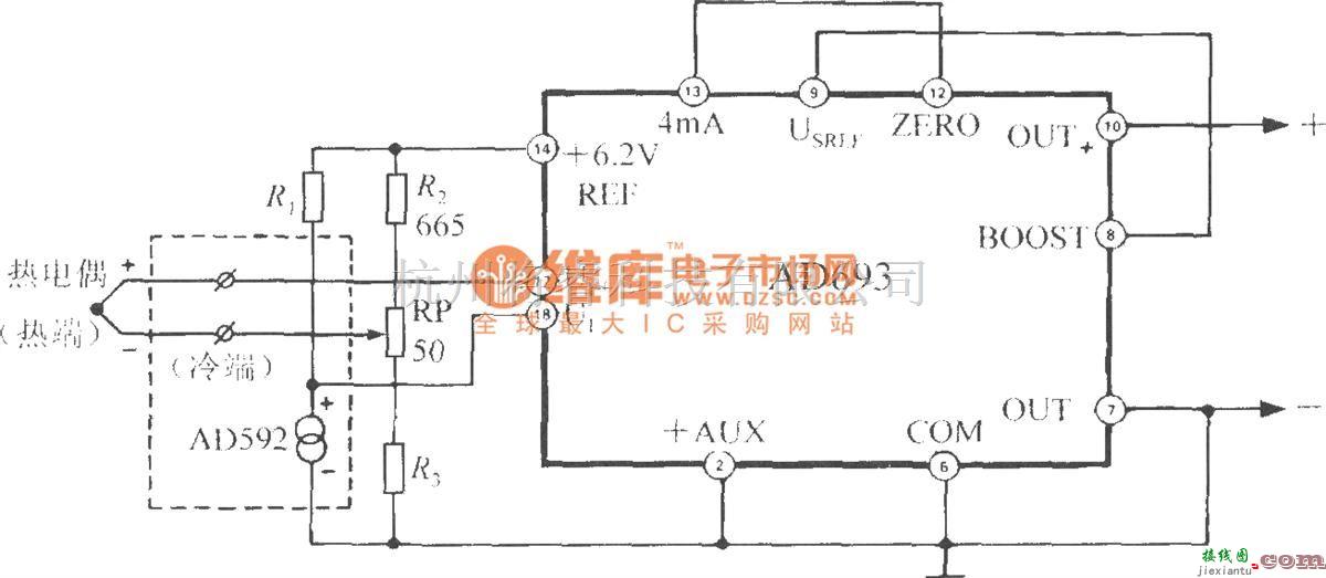 集成电流传感器、变送器中的由多功能传感信号调理器AD693构成的带冷端温度补偿的热电偶测温电路  第1张