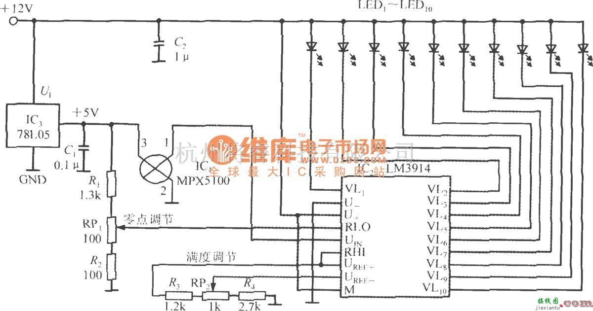 转速、角速度、加速度传感器中的由集成硅压力传感器MPX5100A构成的LED条图显示压力计电路  第1张