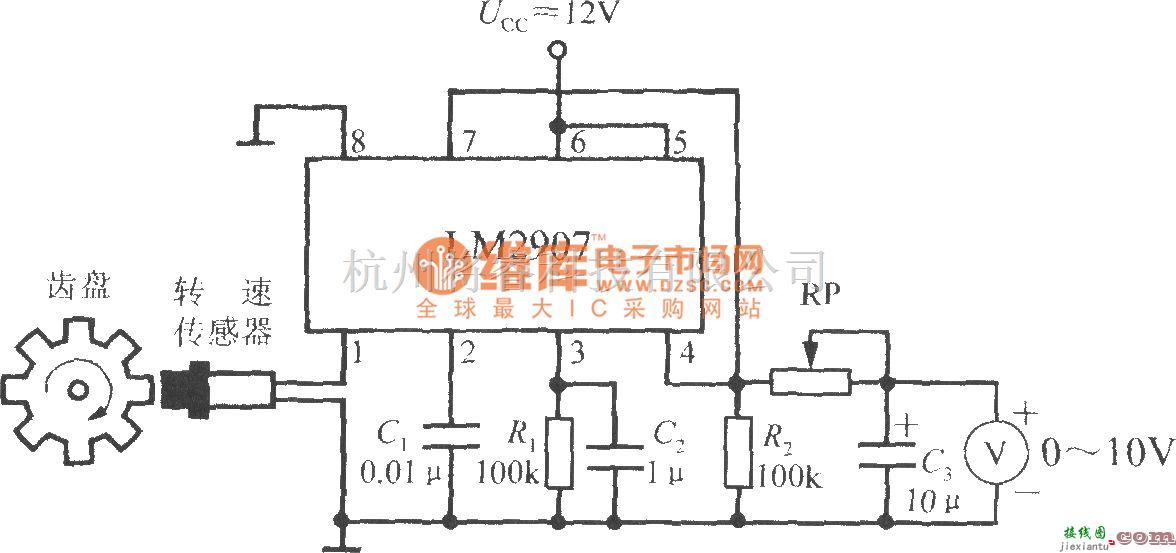 转速、角速度、加速度传感器中的由集成转速/电压转换器LM2907构成的转速表电路  第1张