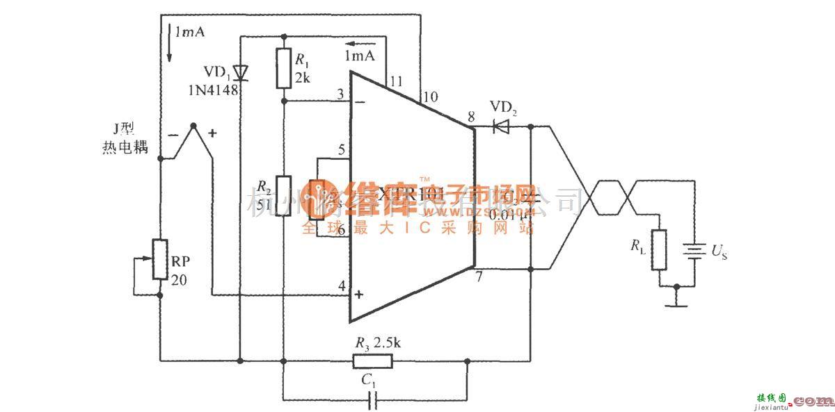 集成电流传感器、变送器中的由精密电流变送器XTR101构成带冷端温度补偿功能的J型热电偶输入电路  第1张