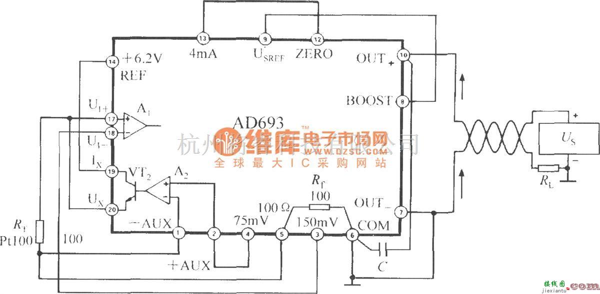 集成电流传感器、变送器中的由多功能传感信号调理器AD693构成的PRTD信号调理器电路  第1张