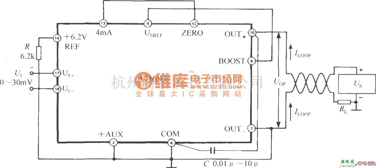 集成电流传感器、变送器中的由多功能传感信号调理器AD693构成0～+30mV单极性输入、4～20mA输出电路  第1张