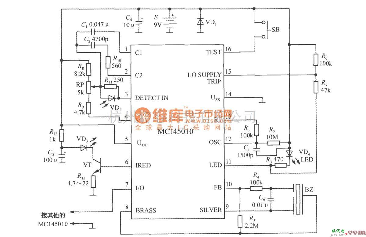 特种集成传感器中的由光电型烟雾检测报警集成电路MC145010构成的烟雾报警电路  第1张