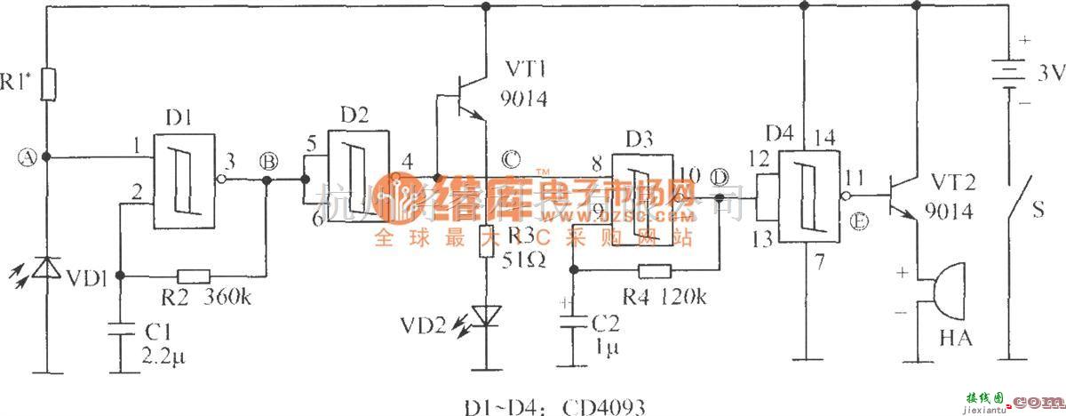 光敏二极管、三极管电路中的光线照度提醒电路  第1张