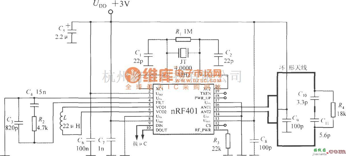 特种集成传感器中的单片射频收发器nRF401的典型应用电路  第1张