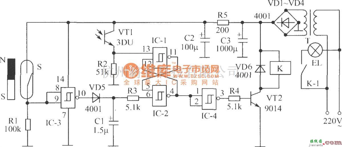 光敏二极管、三极管电路中的光敏三极管构成的门控电灯开关电路  第1张