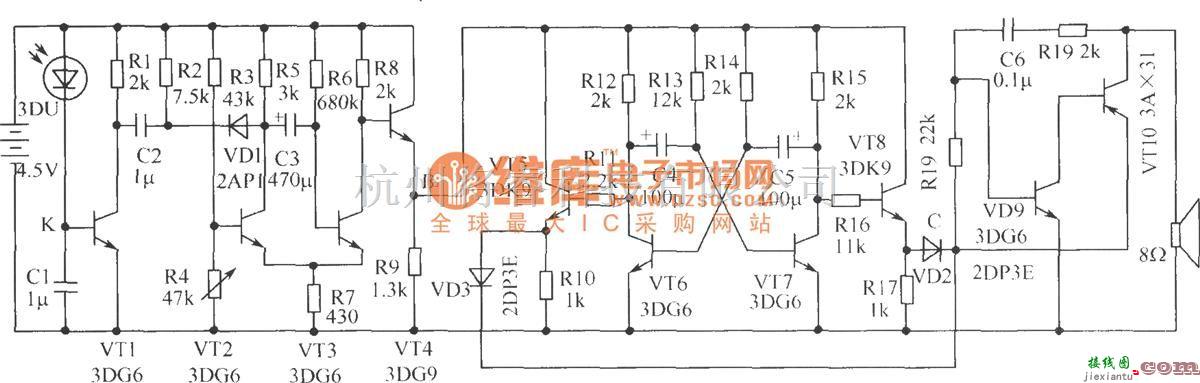 光敏二极管、三极管电路中的电子鸟唱歌悦耳动听电路原理图  第1张