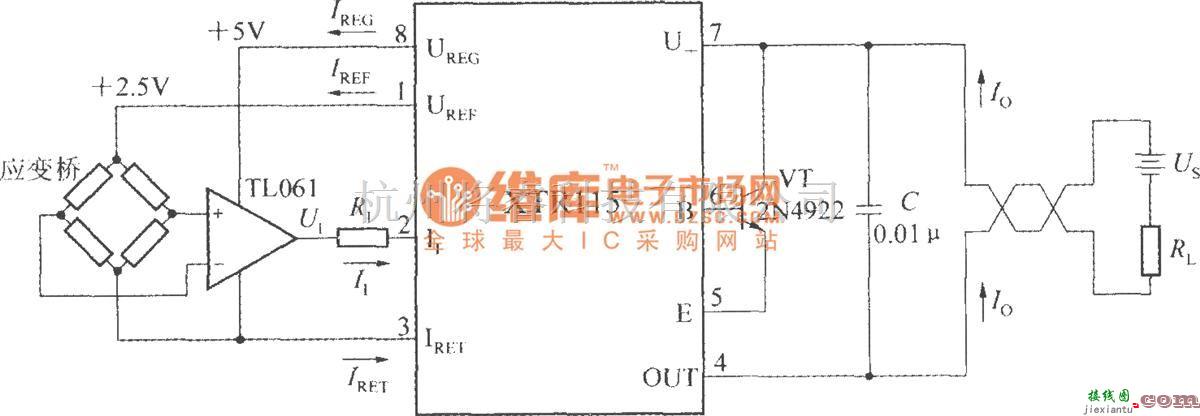 集成电流传感器、变送器中的由精密电流变送器XTR115构成应变桥电流变送器电路  第1张