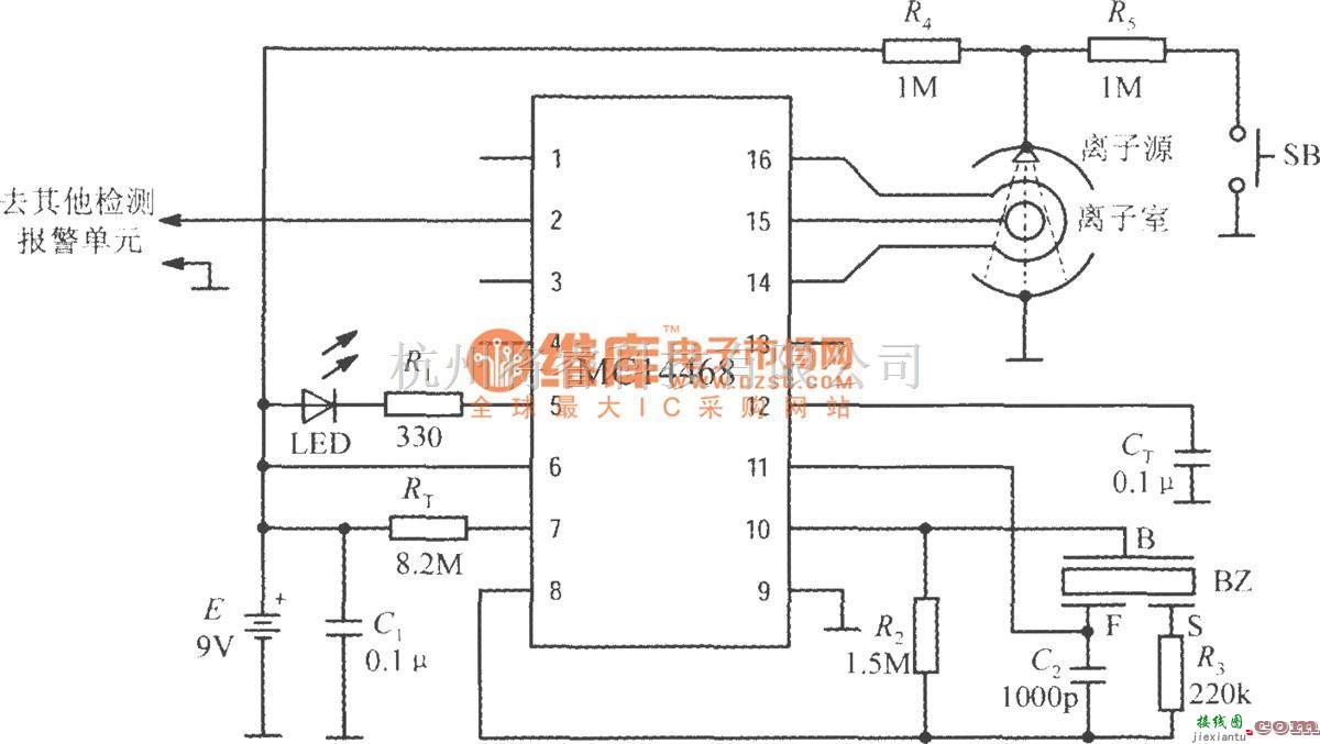 特种集成传感器中的由离子型烟雾检测报警集成电路MC14468构成的烟雾检测报警电路  第1张