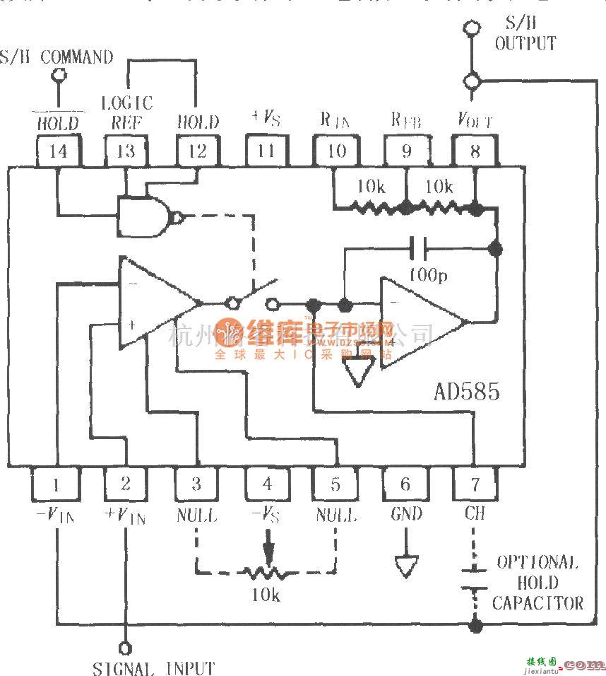 采样保持放大电路中的AD585增益=+1时的有效采样保持电路  第1张