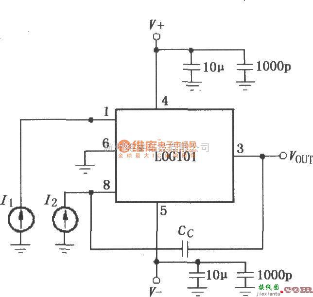 对数/跨导放大电路中的对数和对数比率放大器LOG101／104的信号和电源的基本连接电路  第1张