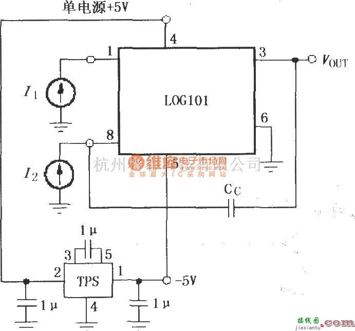 对数/跨导放大电路中的对数与对数比率放大器LOG101／104的单电源+5V供电工作电路  第1张