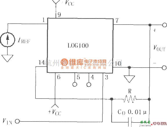 对数/跨导放大电路中的由对数和对数比率放大器LOG100构成的反对数电路  第1张