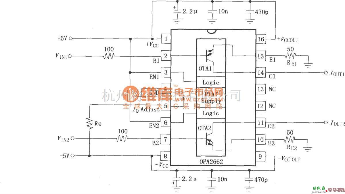 对数/跨导放大电路中的双宽带跨导型运算放大器OPA2662的信号和电源的基本连接电路  第1张