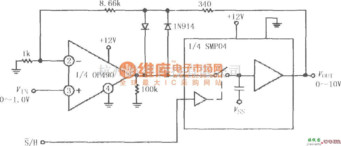 采样保持放大电路中的由SMP04与运放构成的增益为10的采样保持放大电路  第1张