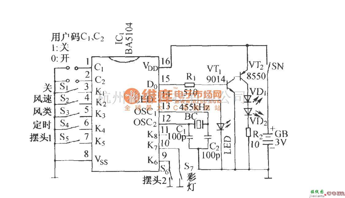 遥控电路（综合)中的BA5104／BA8207K红外遥控多功能电风扇伴蟋蟀声控制电路  第1张