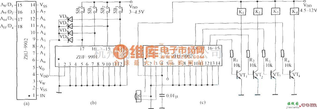 红外线热释遥控中的由ZHF-9901和ZHJ-9902组成的四通道遥控电路  第1张