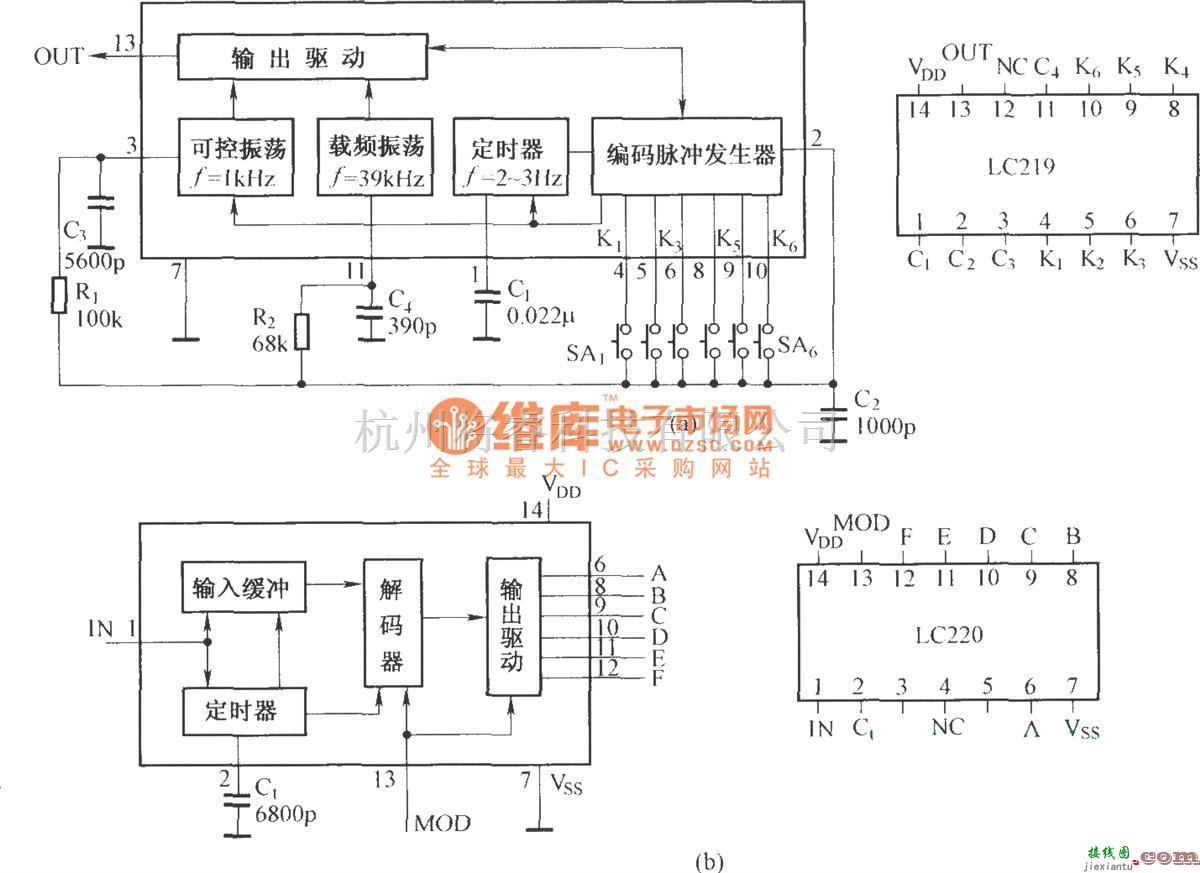 红外线热释遥控中的LC219／220的内电路与引脚功能  第1张