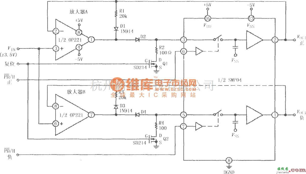 采样保持放大电路中的由SMP04与运放构成的具有保持控制的正、负峰值检波电路  第1张