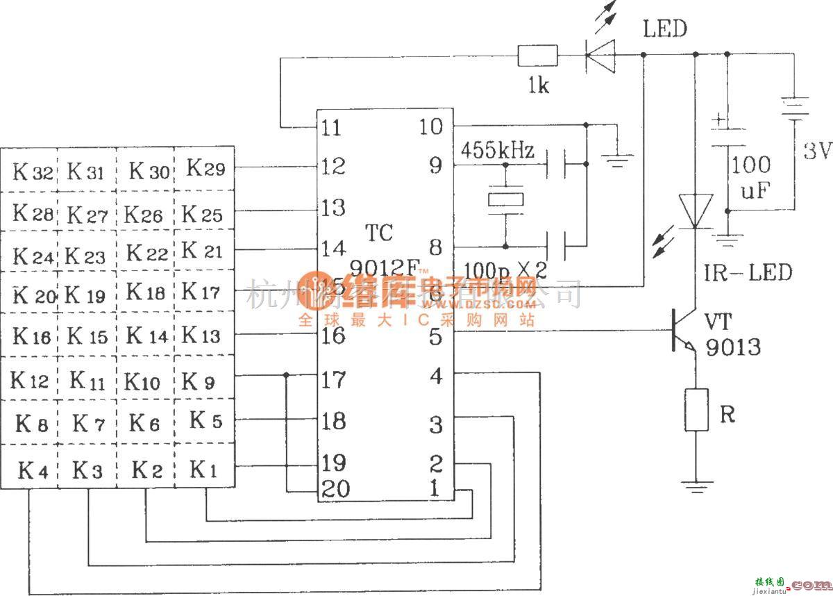 红外线热释遥控中的TC9012F构成的典型红外发射应用电路图  第3张